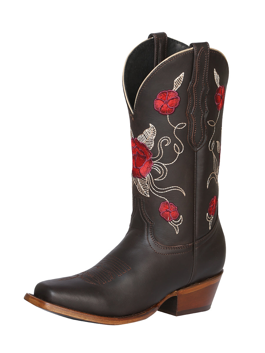 Bota Vaquera de Cuero con Punta Cuadrada "Rositas Bonitas" para Mujer