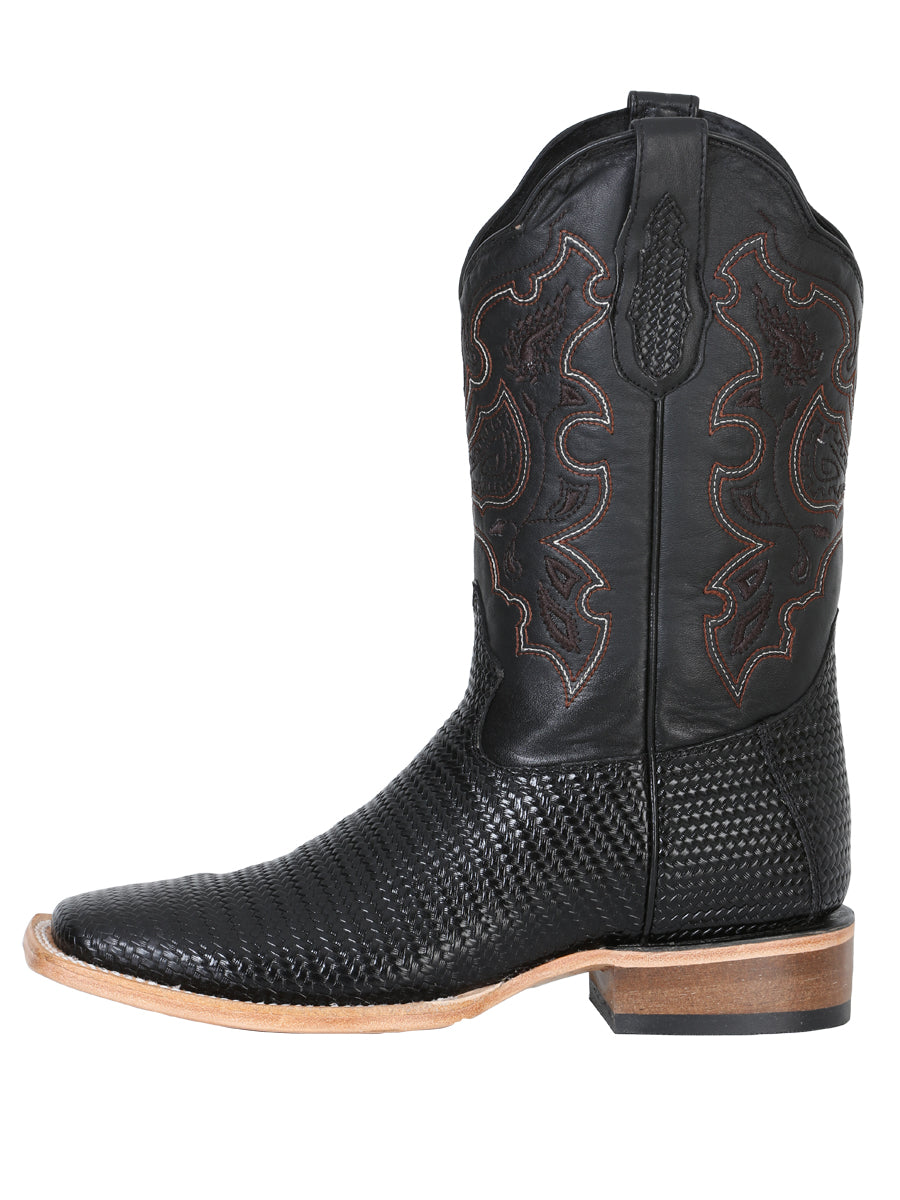 Bota Vaquera de Cuero con Punta Cuadrada "Weave Print" para Hombre
