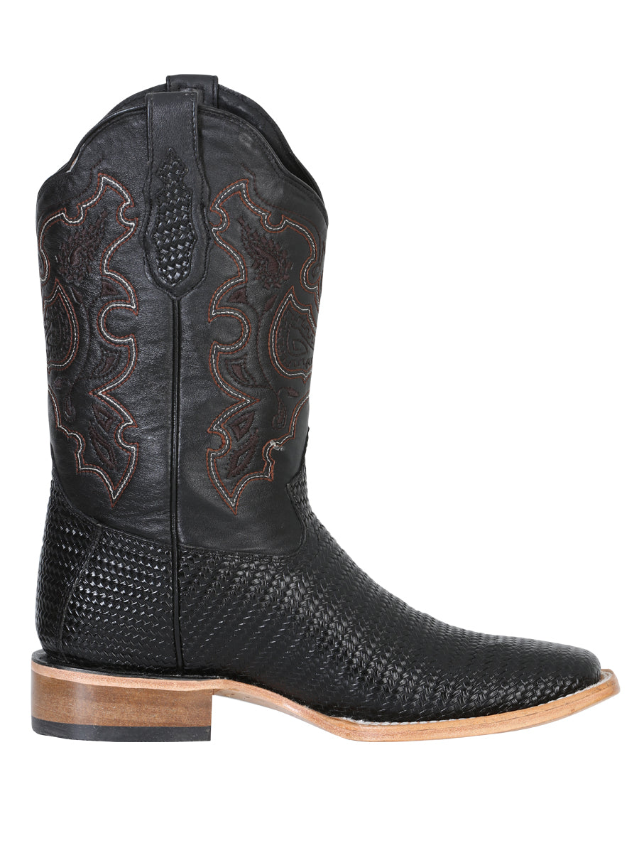 Bota Vaquera de Cuero con Punta Cuadrada "Weave Print" para Hombre