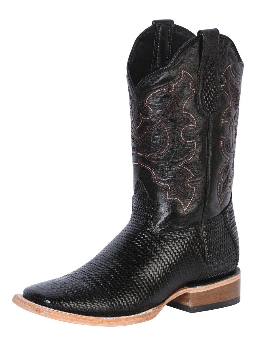 Bota Vaquera de Cuero con Punta Cuadrada "Weave Print" para Hombre